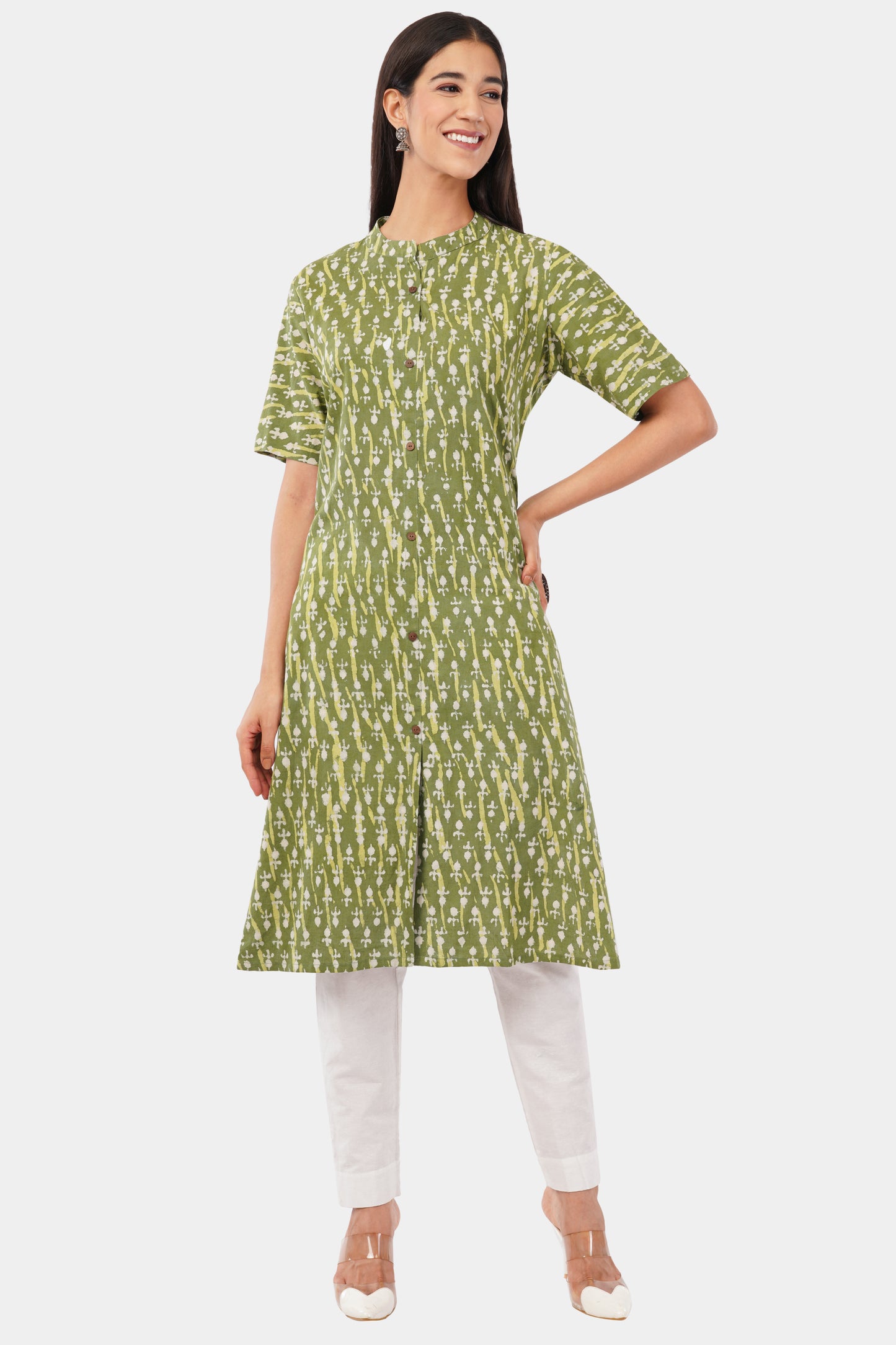 Green Dabu print cotton kurti