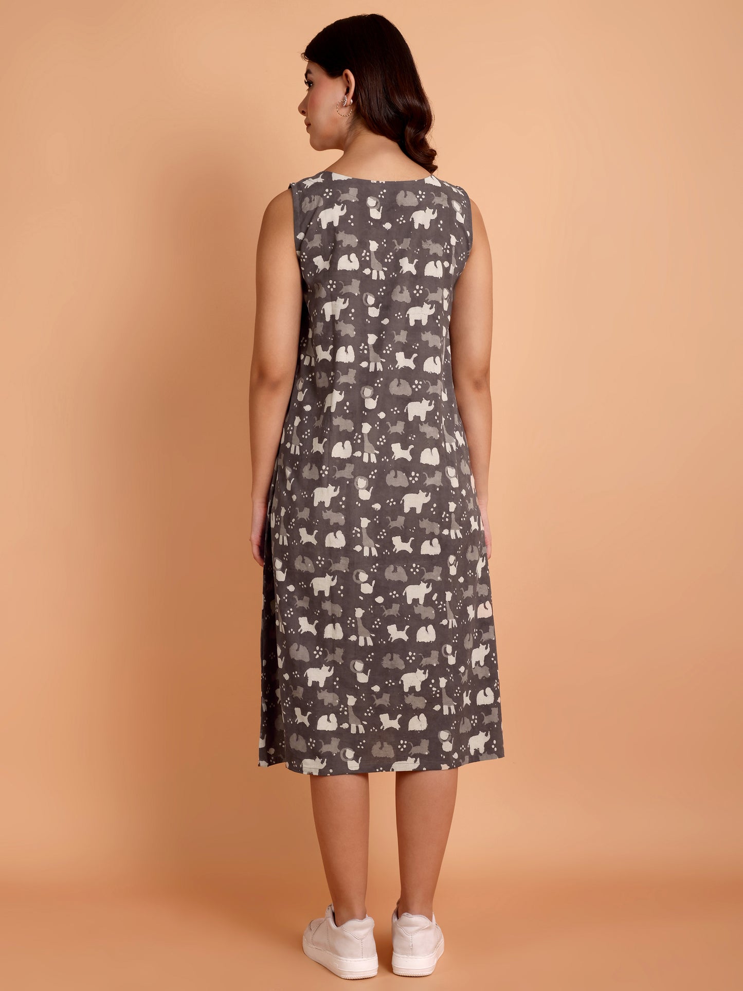 Grey Animal Print Dabu Cotton Dress