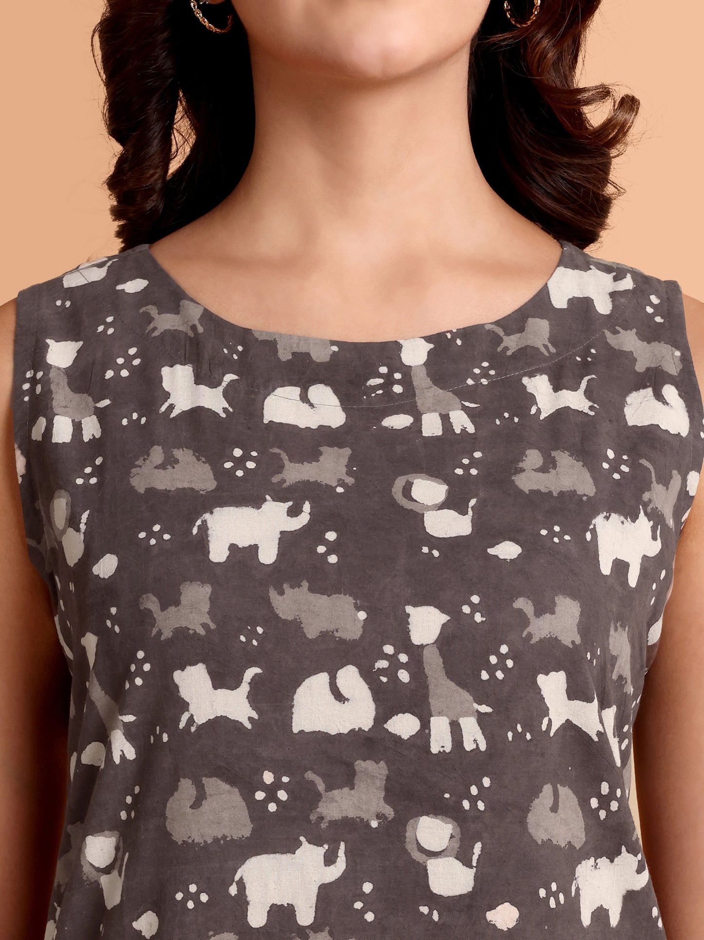 Grey Animal Print Dabu Cotton Dress