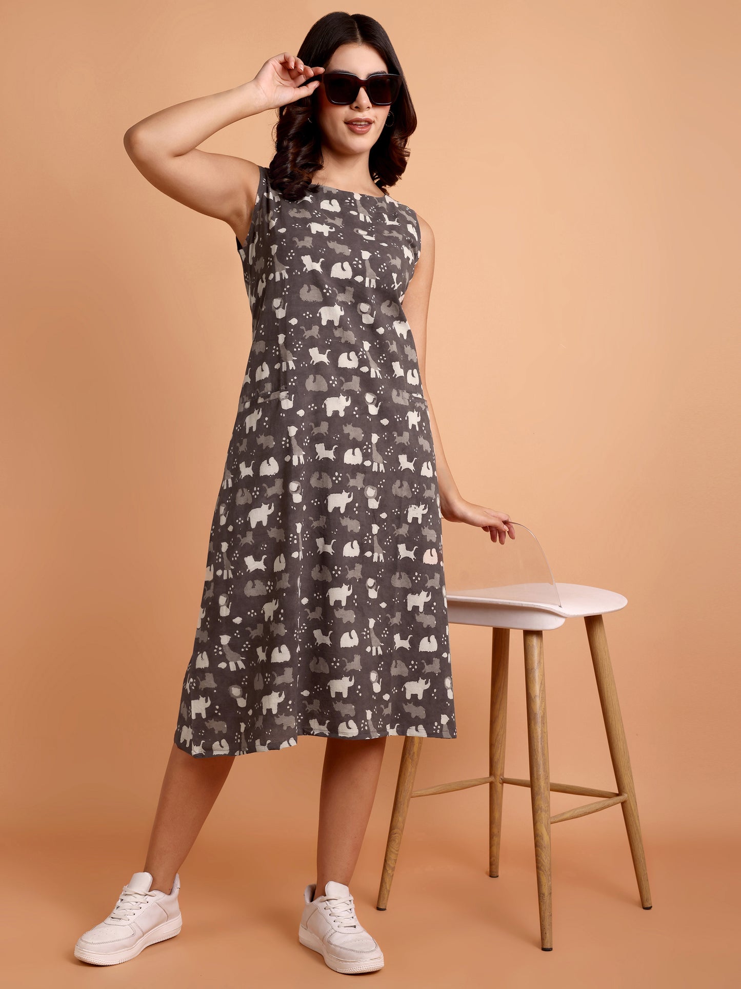Grey Animal Print Dabu Cotton Dress