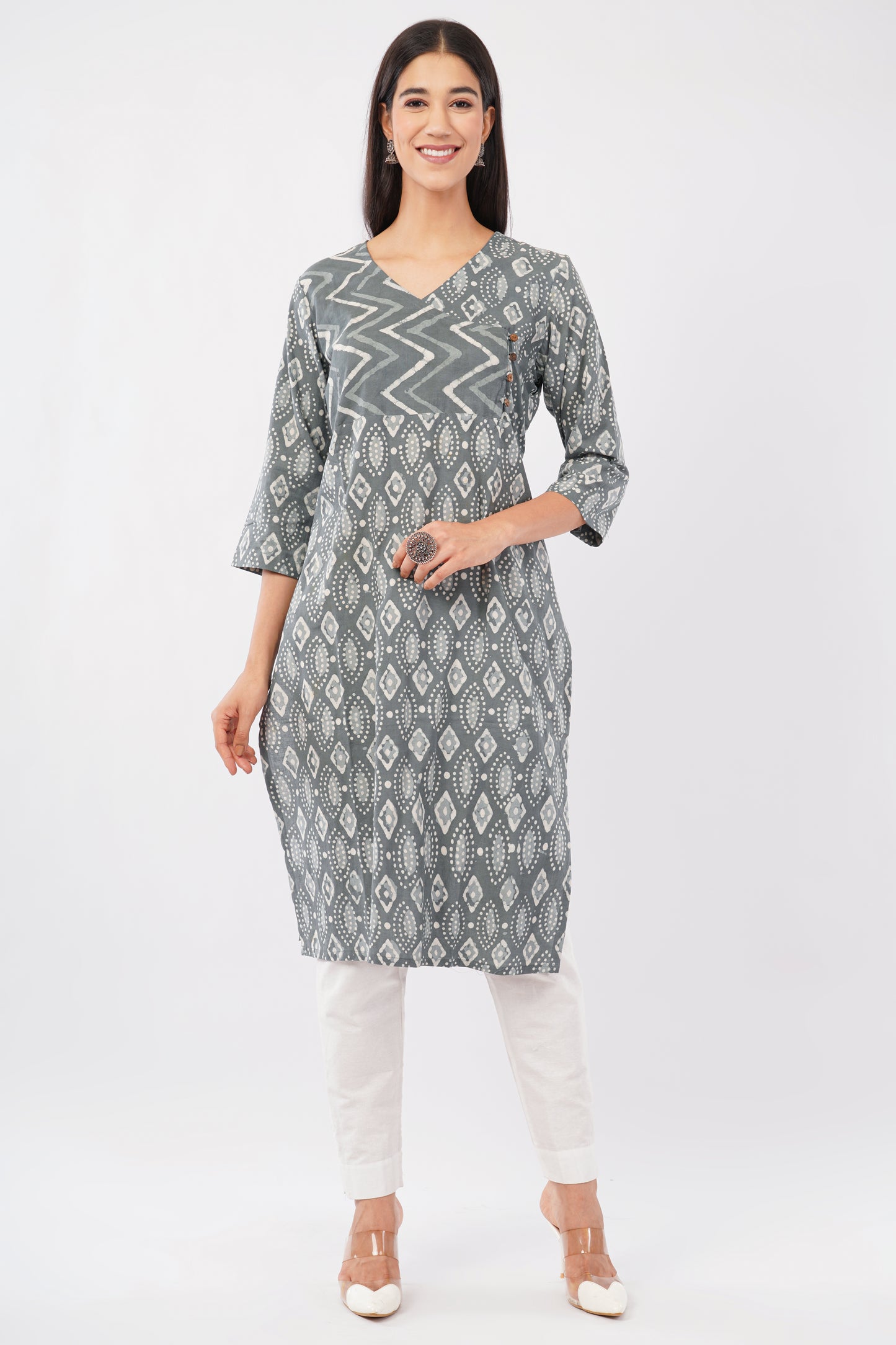 Grey Dabu Print cotton Kurti