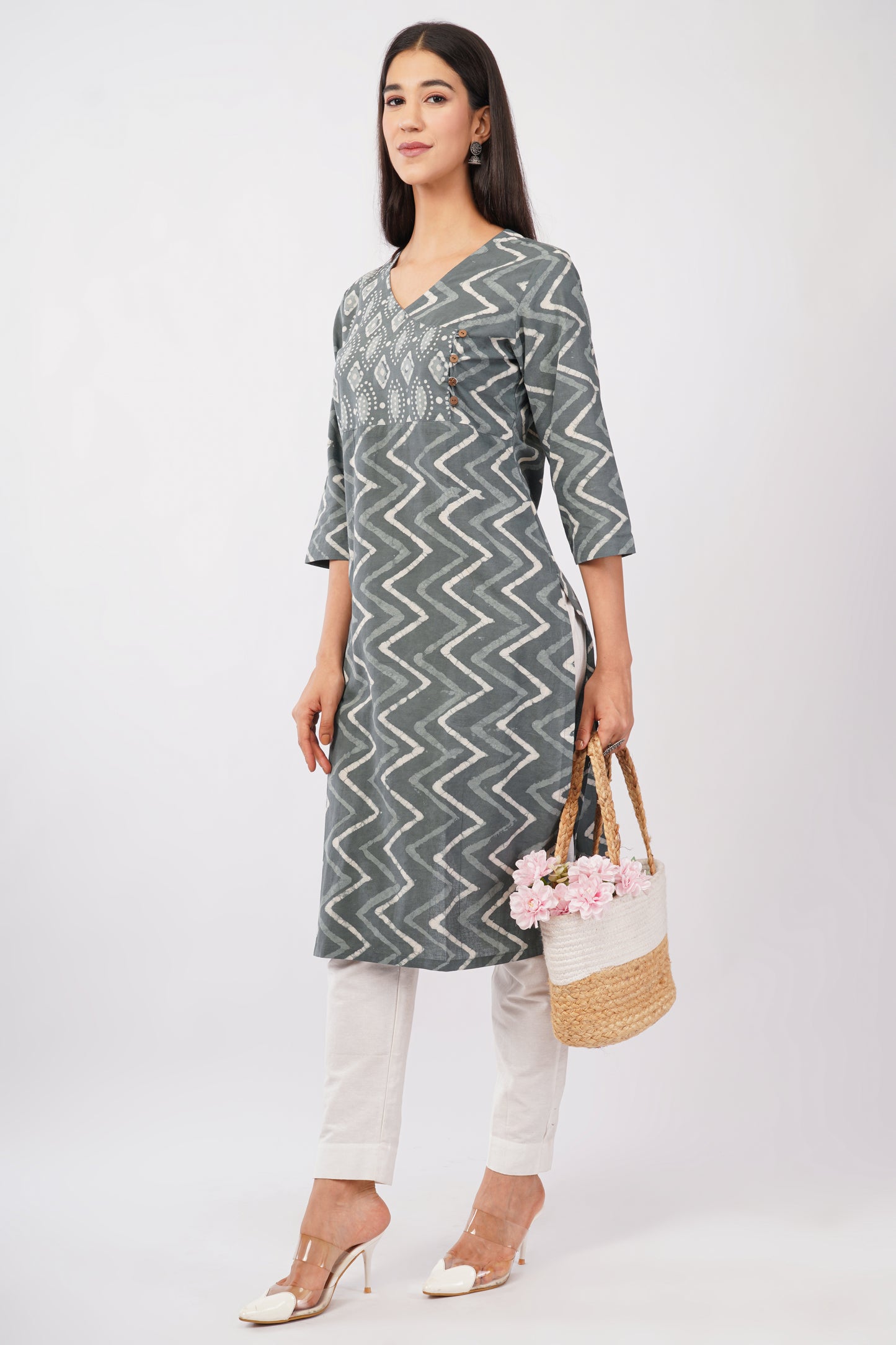 Grey dabu print cotton kurti