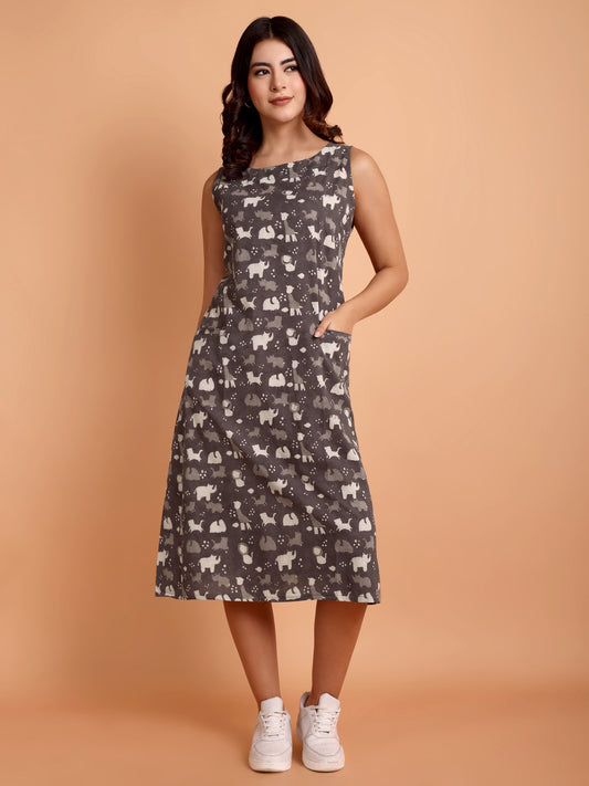 Grey Animal Print Dabu Cotton Dress