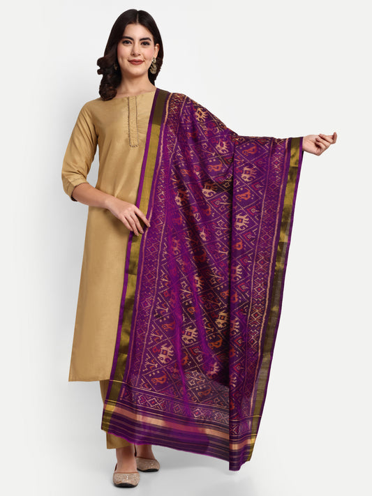 Purple hathi popat patola silk single ikat dupatta