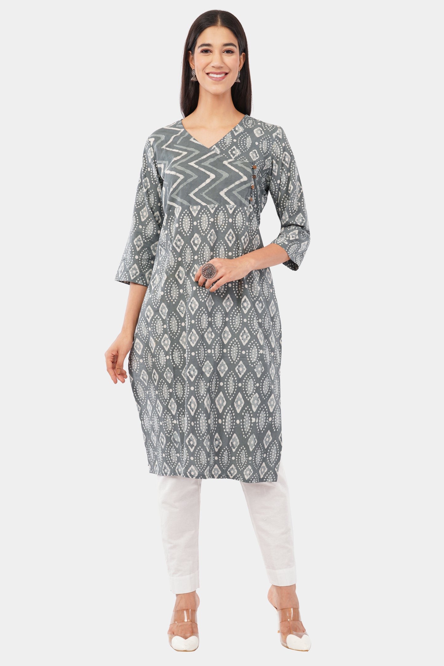 Grey Dabu Print cotton Kurti