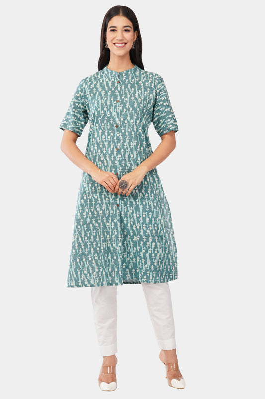 Teal Dabu print cotton kurti