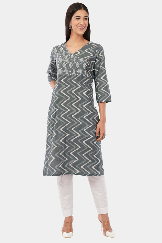 Grey dabu print cotton kurti