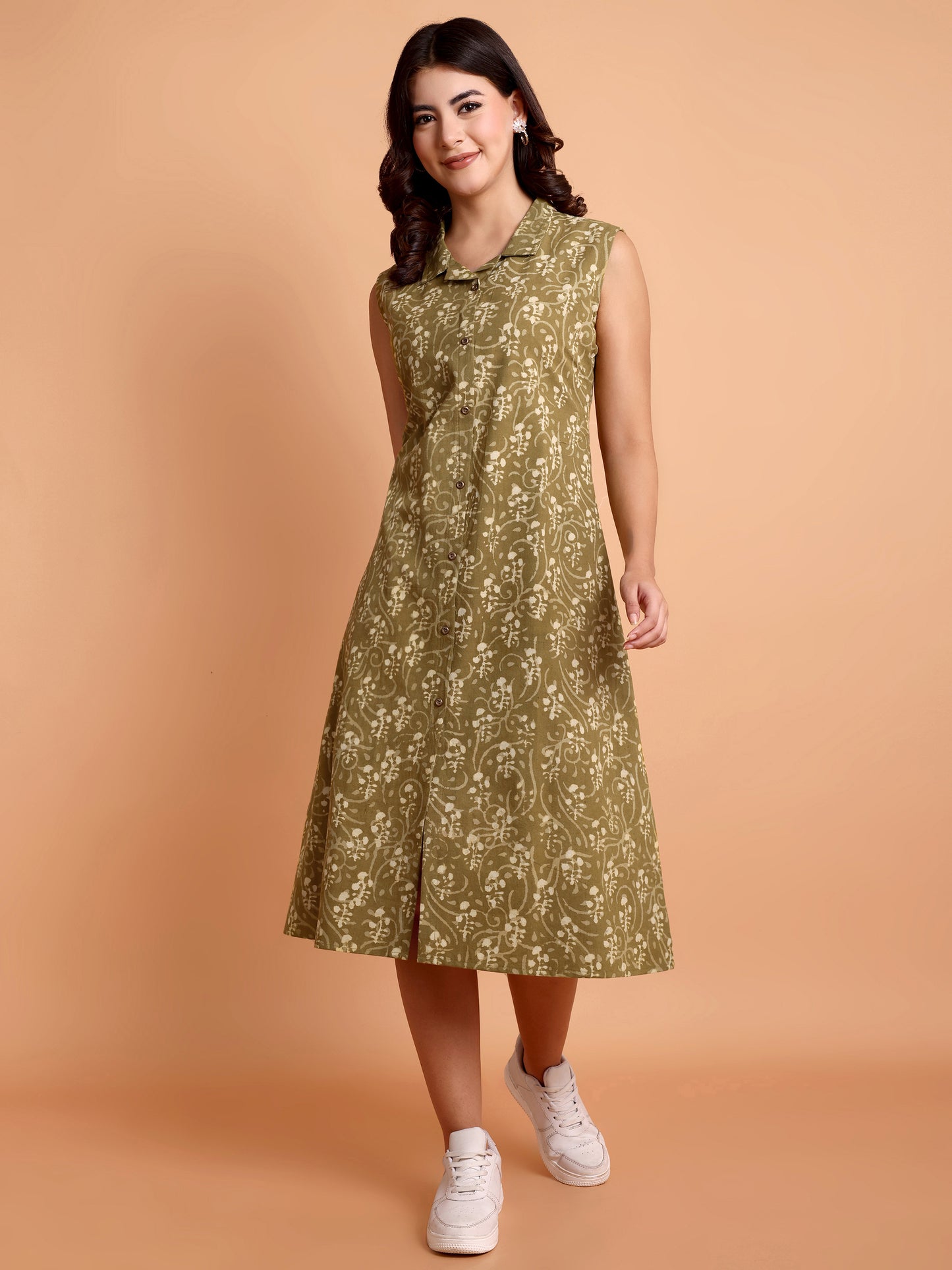 Olive Green Dabu Print Dress