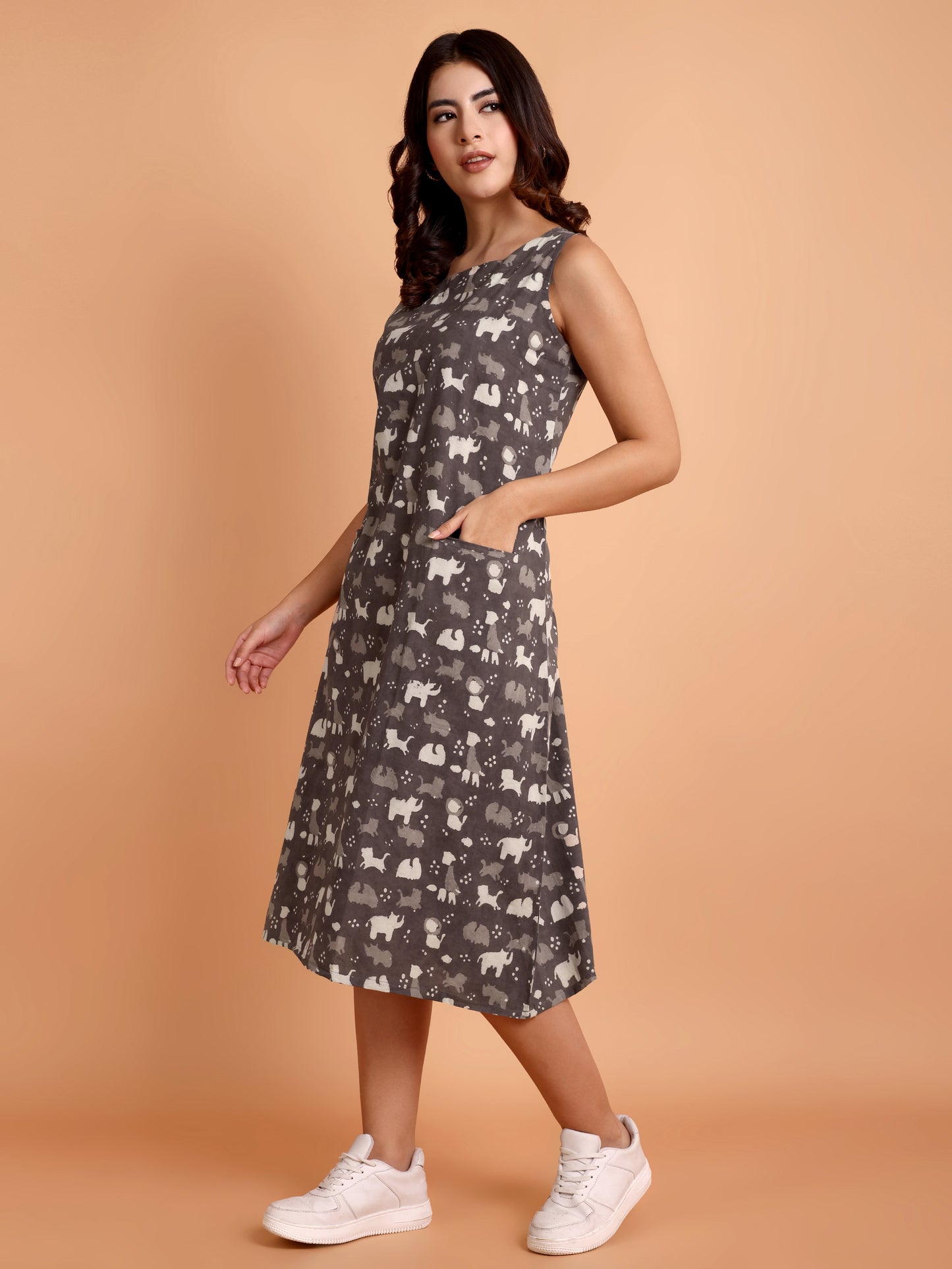 Grey Animal Print Dabu Cotton Dress