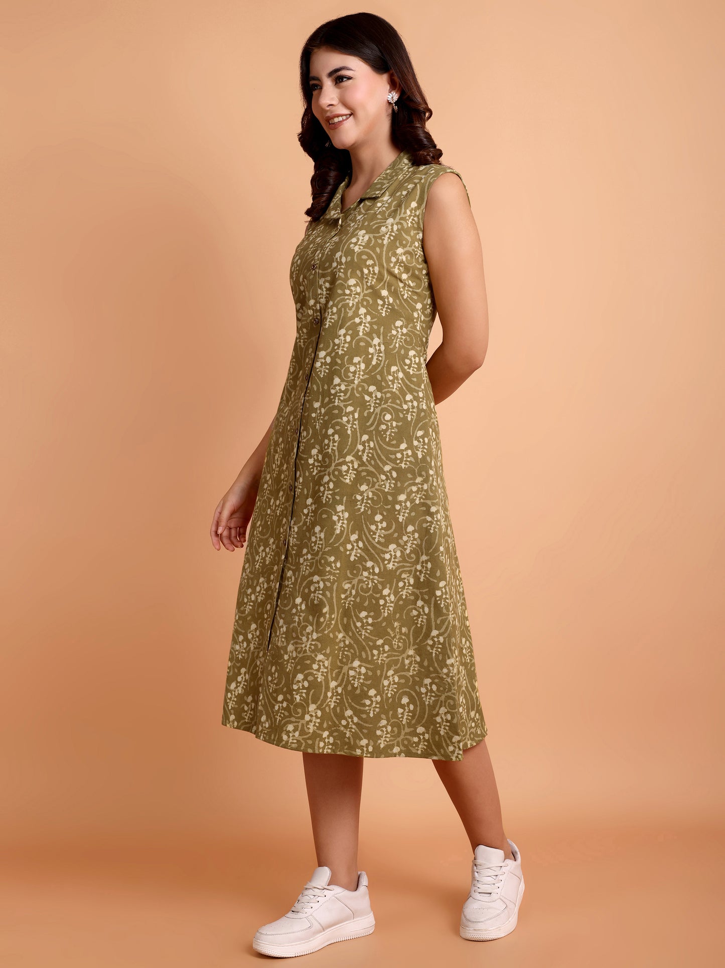 Olive Green Dabu Print Dress