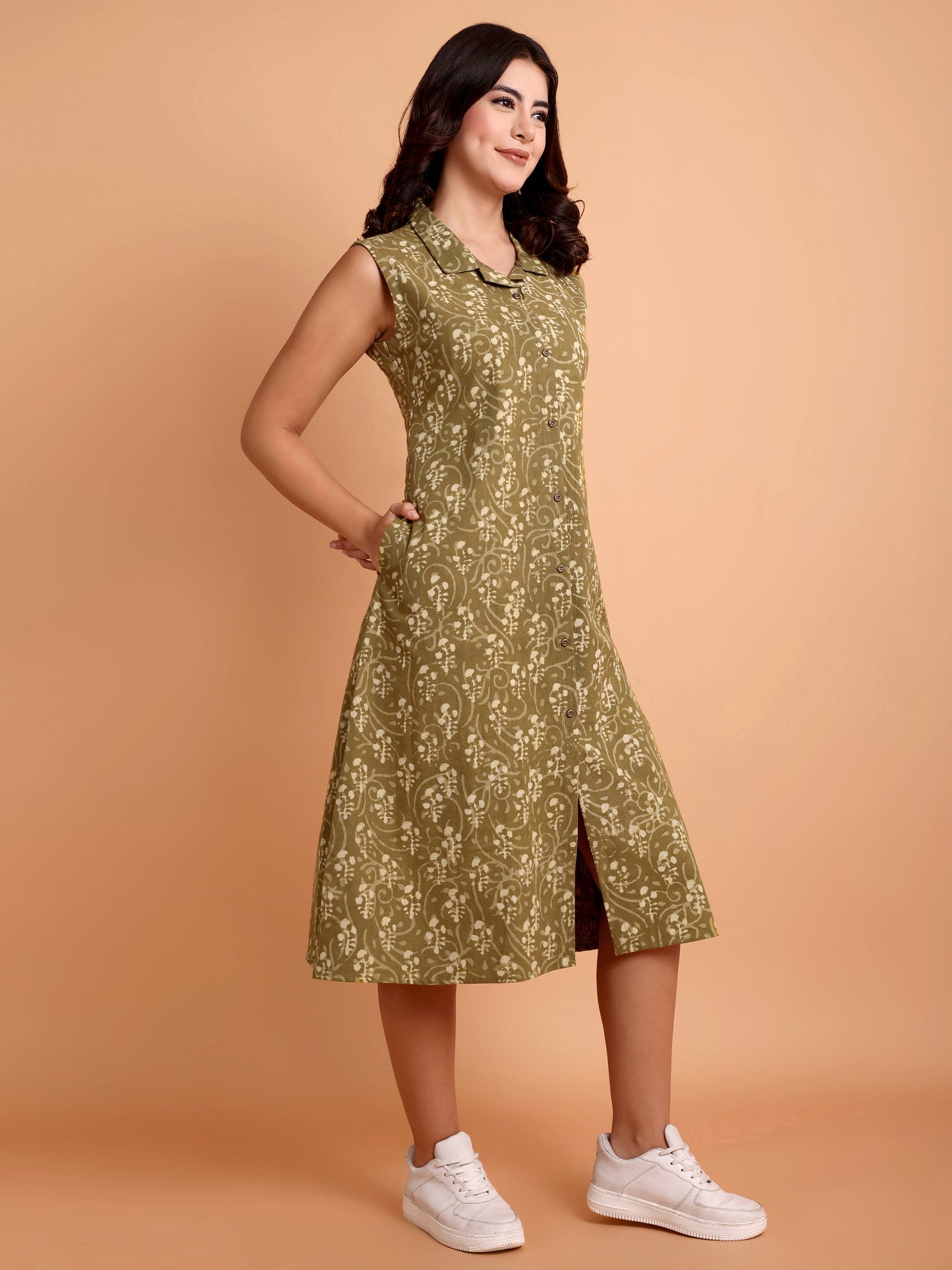 Olive Green Dabu Print Dress