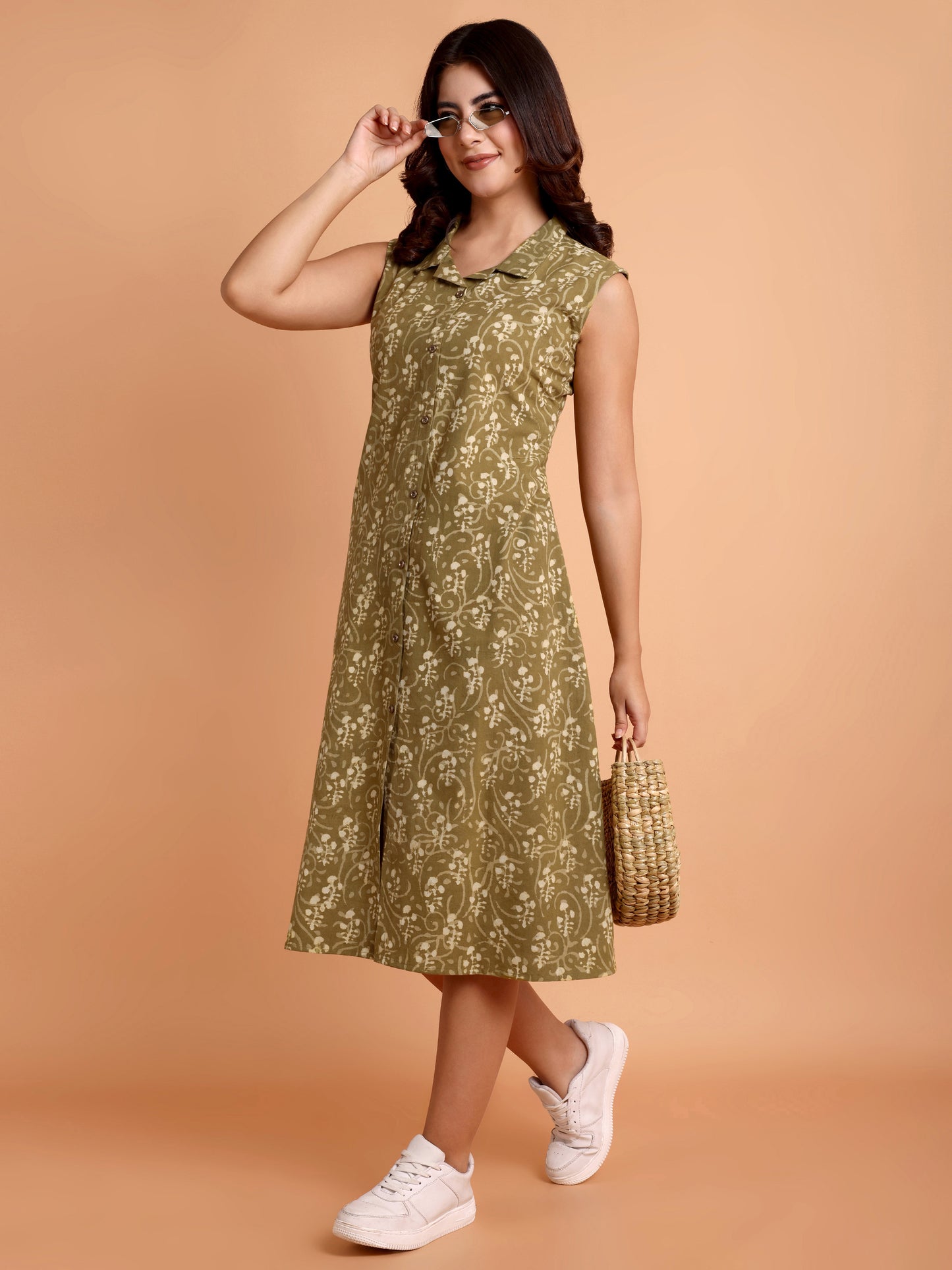 Olive Green Dabu Print Dress