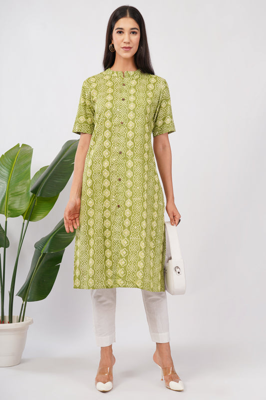 Dabu Print Green cotton Kurti