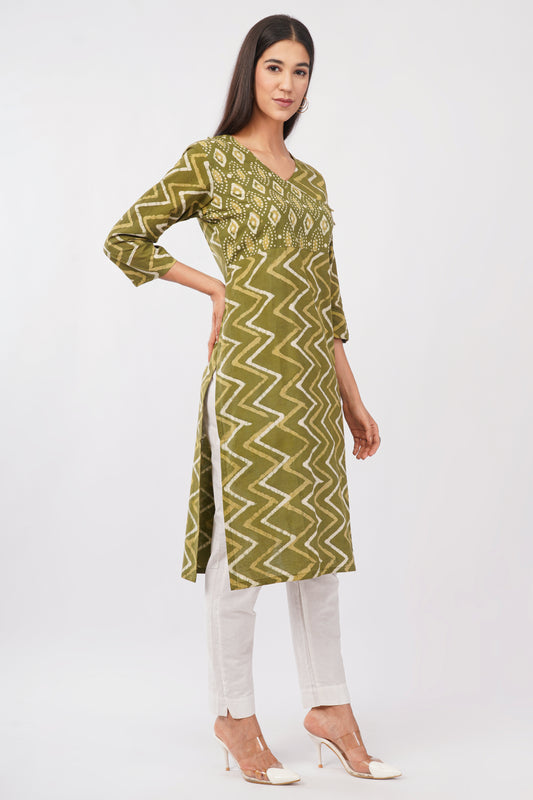 Green Dabu print cotton kurti