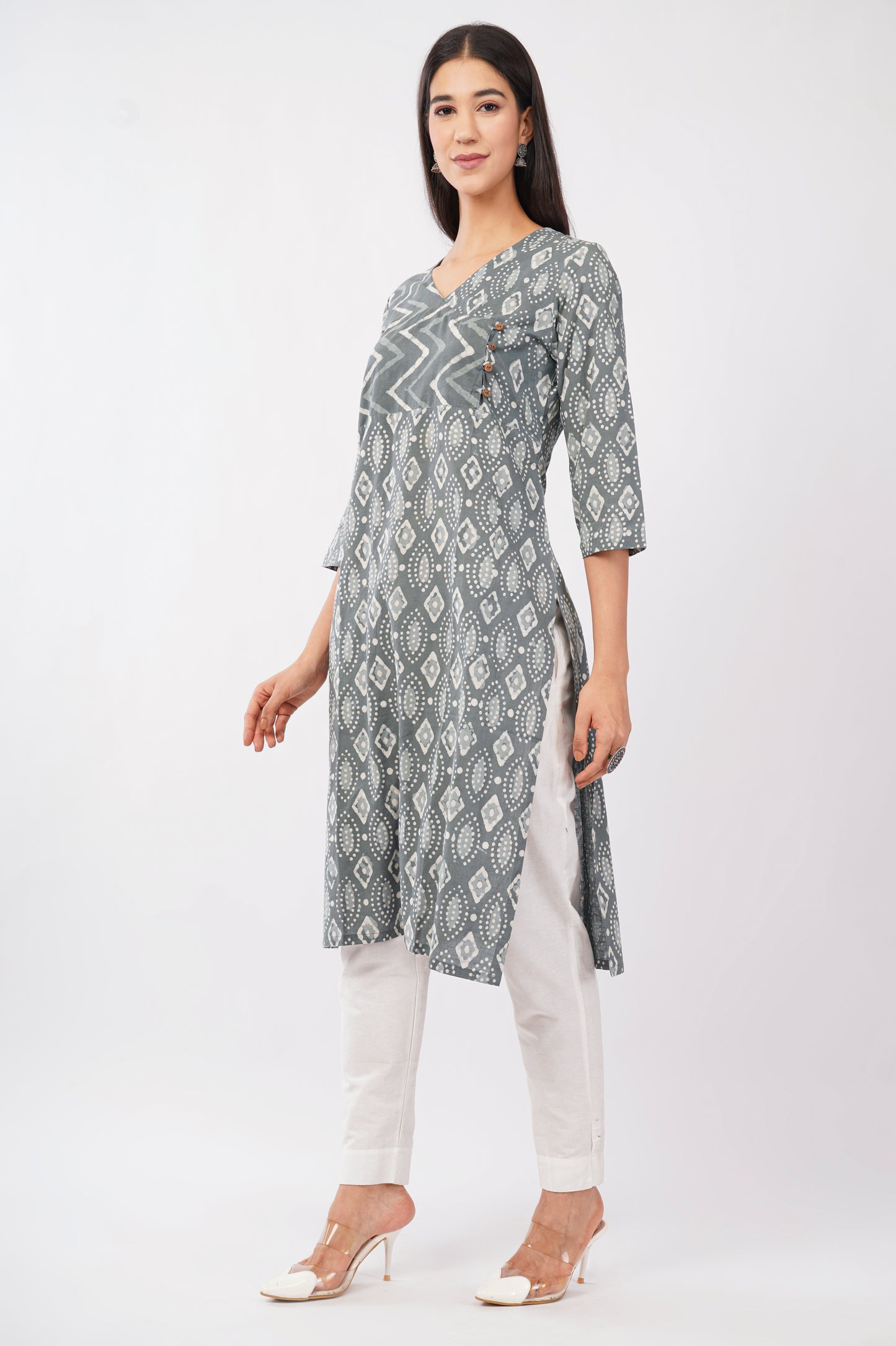 Grey Dabu Print cotton Kurti