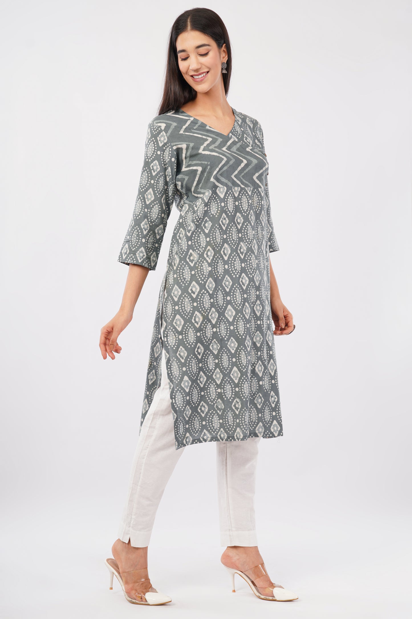 Grey Dabu Print cotton Kurti