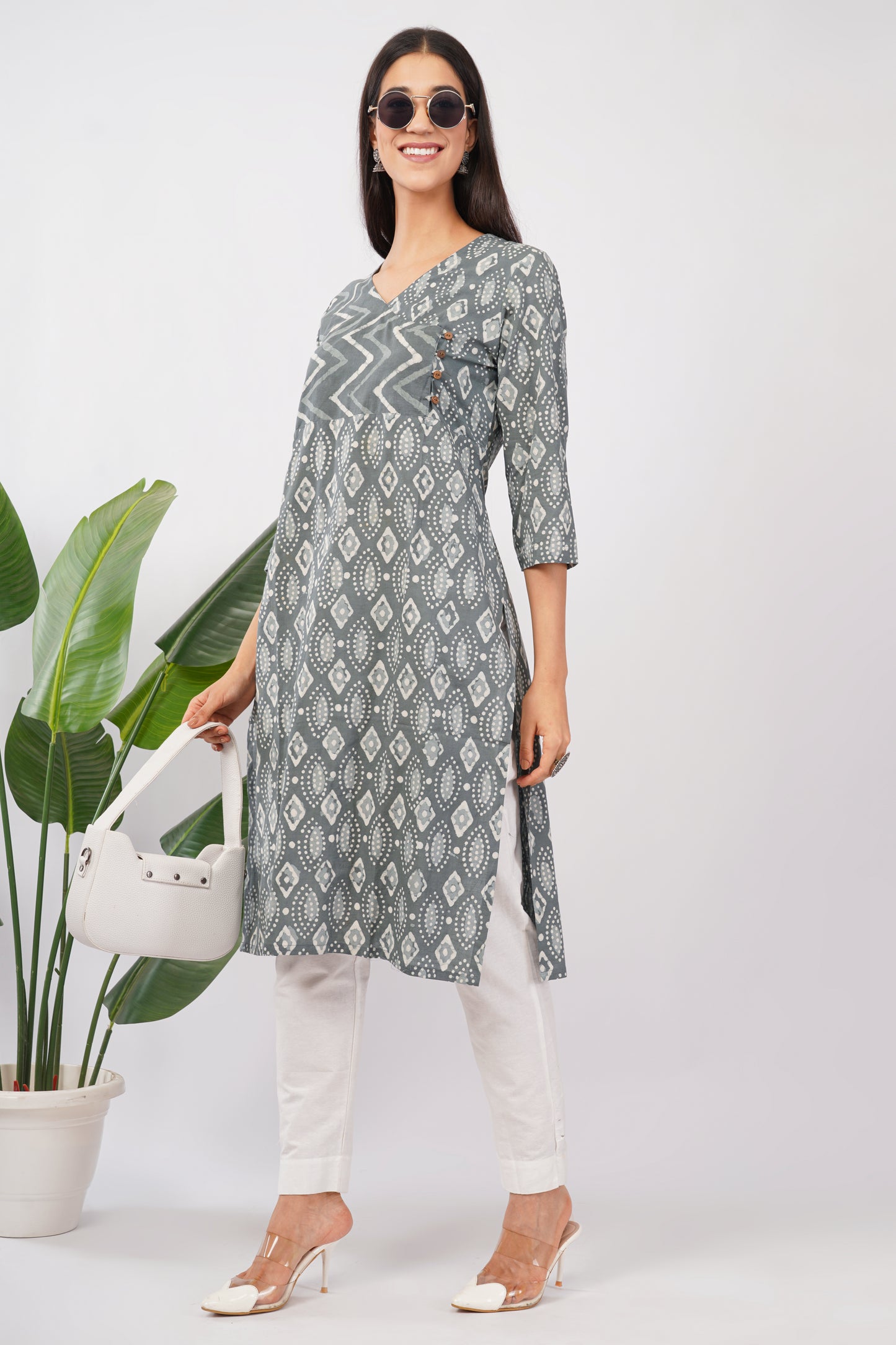 Grey Dabu Print cotton Kurti