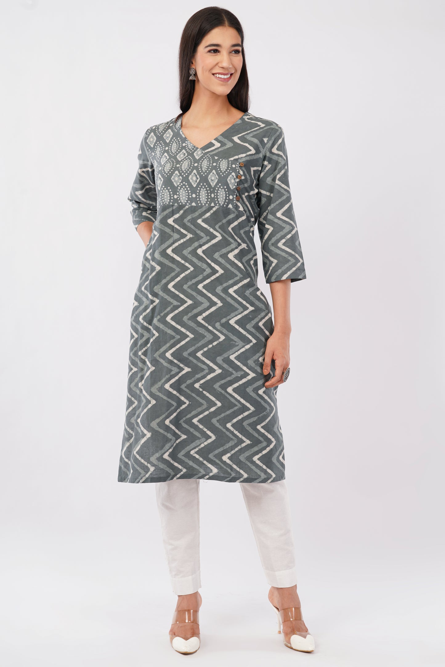 Grey dabu print cotton kurti