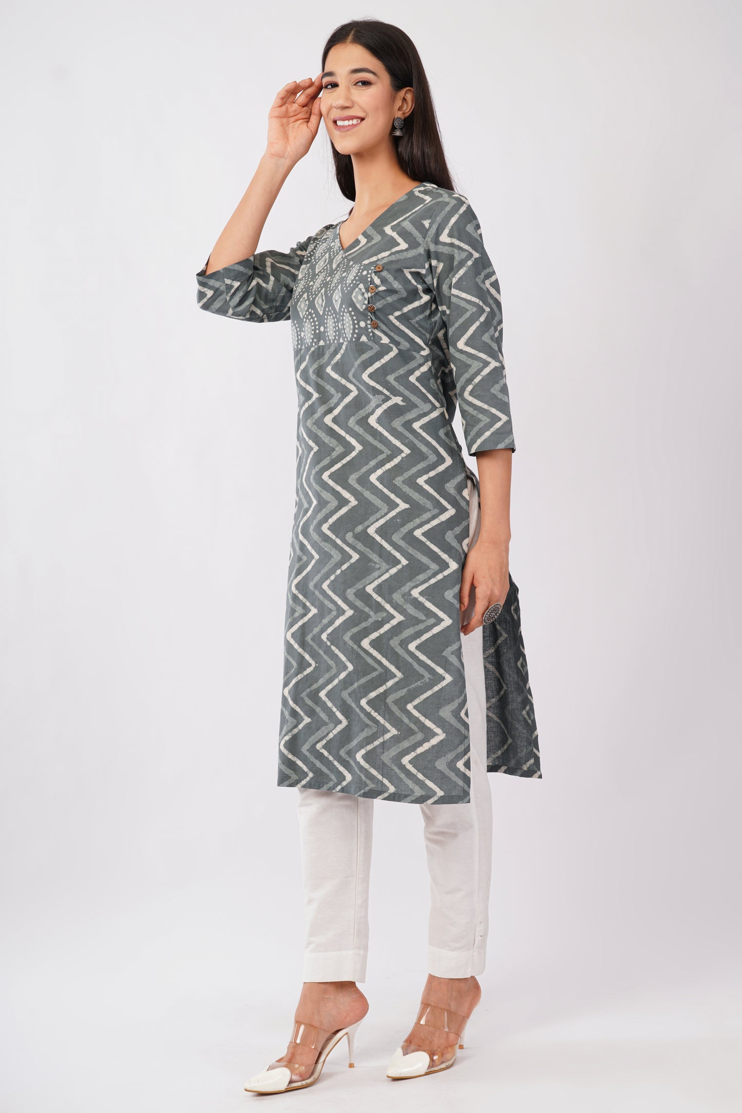 Grey dabu print cotton kurti