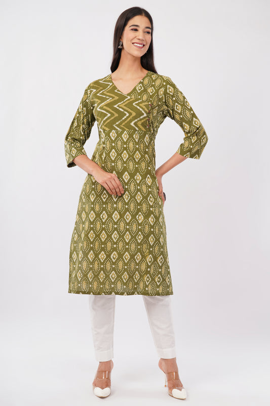 Green Dabu Print cotton kurti