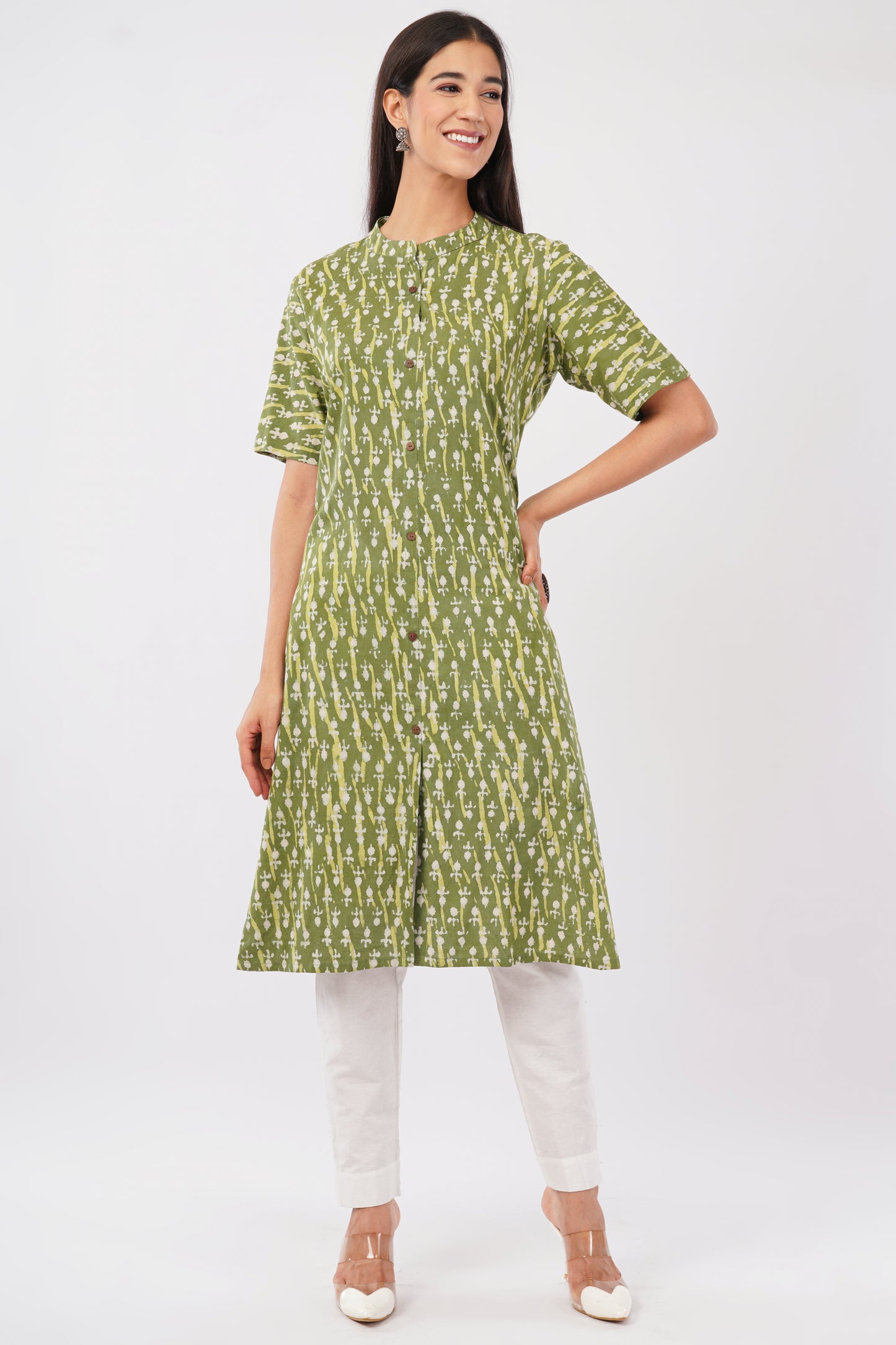 Green Dabu print cotton kurti